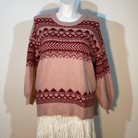 American Eagle Oversized Fair Isle Sweater | Blush Pink Burgundy Nordic Knit M - Picture 2 of 10
